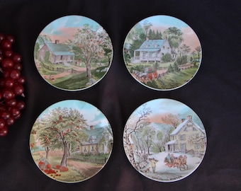 Colección de platos vintage de Currier & Ives / Artmark de los años 70 y 80: American Homestead - Juego completo de cuatro platos de 16,5 cm cada uno.