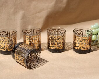 Mid Century Vintage - Lot of Five ( 5 ) Smokey Glass with Gold - Unknown Pattern - Lowballs - 3.5 x 3.25" - Very Good Condition