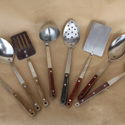 1940's - 1980's Vintage - Wooden Handle / Brass Rivets / Stainless Steel - CHOICE - Assorted Cooking Utensils - Good to Very Good Condition