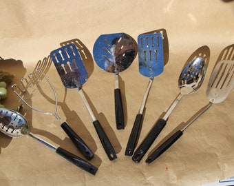 1970's to 1980's Vintage Kitchen Utensils BLACK Plastic Handles Ekco Spoons Spatulas Flippers in Good to Very Good Condition