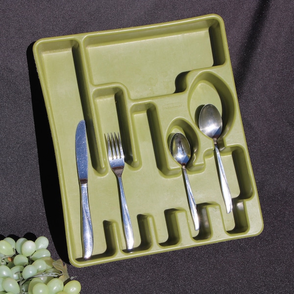 1970's Vintage Rubbermaid AVOCADO GREEN Utensil  Flatware Caddy Holder  # 2922  12 x 14" Good to Very Good Condition