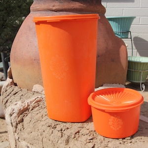 1970&#39;s Vintage - TUPPERWARE - Orange Servalier Canisters # 1222 and 1297 - TALL and not so Tall - 10.5 &quot; and 3 &quot; - Fair to Good Condition
