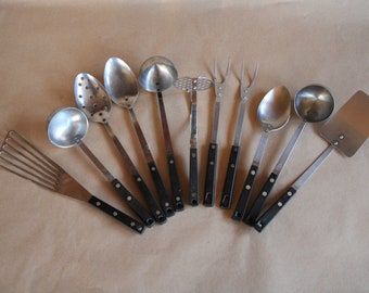 1960's to 1970's Vintage Black Composite Handle Brass Rivets Stainless Steel Assorted Cooking Utensils CHOICE Very Good Condition