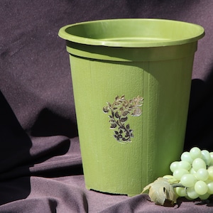 1960's - 1970's Vintage - Avocado Green with Gold Floral - Round - Waste Basket - Plastic - 10 3/4 inches tall - Good to Very Good Condition