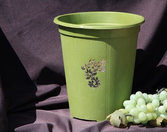 1960's - 1970's Vintage - Avocado Green with Gold Floral - Round - Waste Basket - Plastic - 10 3/4 inches tall - Good to Very Good Condition