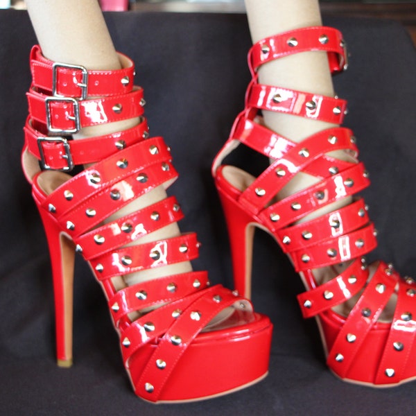 Women's Shoes - Platform - RED - Ankle Buckle - High Heel Sandals - Rivets Studded Sparkly Stilettos - Size US 7 - Very Good Condition