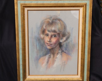1960s Framed w/ Glass, Oil Pastel Portrait: Mid-Century Modern Art (26.5 x 33")