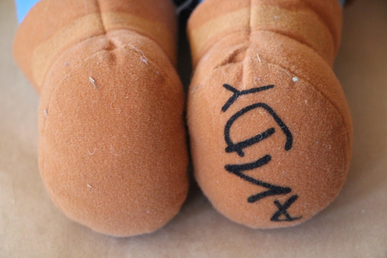 Puede incluir: Primer plano de dos pies de peluche marrones con una firma negra que dice "X-Ray" en un pie.