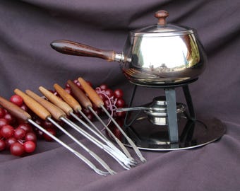 1970's Vintage - GOODWOOD - Stainless Steel Fondue Set w/ Alcohol Burner (with cover), Stand, Tray & 8 Sticks - Orig Box too