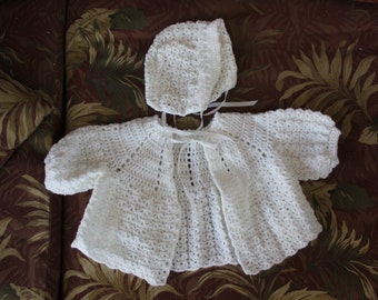 1960's Vintage Hand Crocheted Baby Girl Sweater and Matching Bonnet / Hat - about 6 -12 Mos size - Very Good Condition