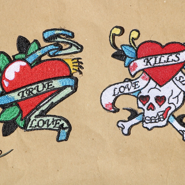 2000 Y2K Vintage - Ed Hardy - Patch / Patches - True Love /Love Kills Slowly, Skulls - 4 x 4 "  - Very Good Condition