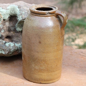 Antique Primitive Salt Glazed Crock with Handle 10 1/4 &quot; Tall and 5 1/2 &quot; diameter in Good Condition