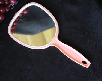 60's / 70's Vintage Pink Plastic Framed Hand Mirror - 11 x 5.25"