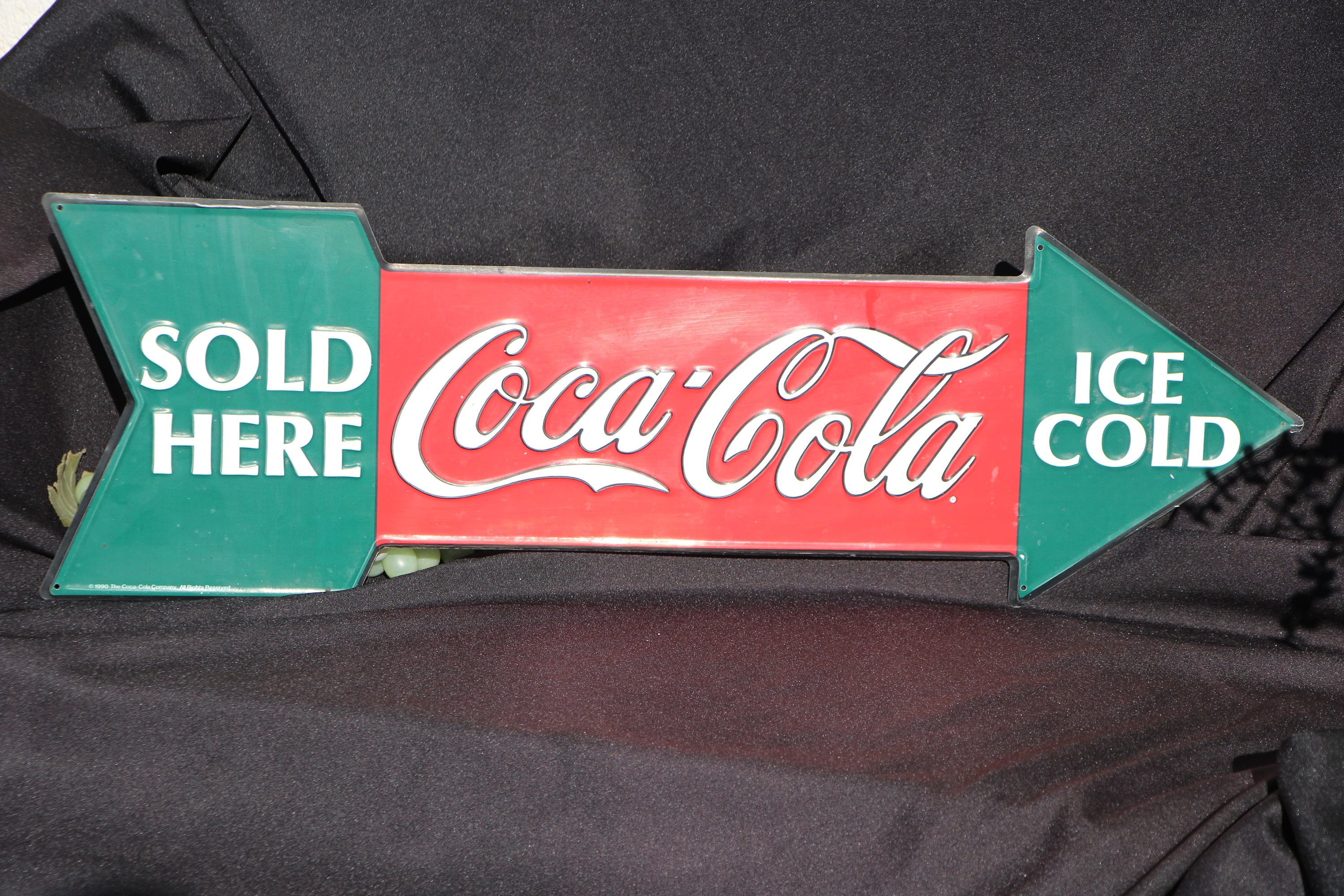 1990 Vintage Coca-Cola Sold Here Arrow Embossed Metal Sign 27 x 