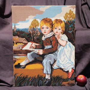 1980&#39;s Vintage  Completed Needlepoint  The Bowden Children by John Hopner of 1803 - 20&quot; x 26.5&quot;  Stretched on wooden frame  VG Condition