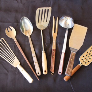 1940&#39;s to 1980&#39;s Vintage Wooden Handle Brass Rivets Stainless Steel CHOICE Assorted Cooking Utensils Good to Very Good Condition