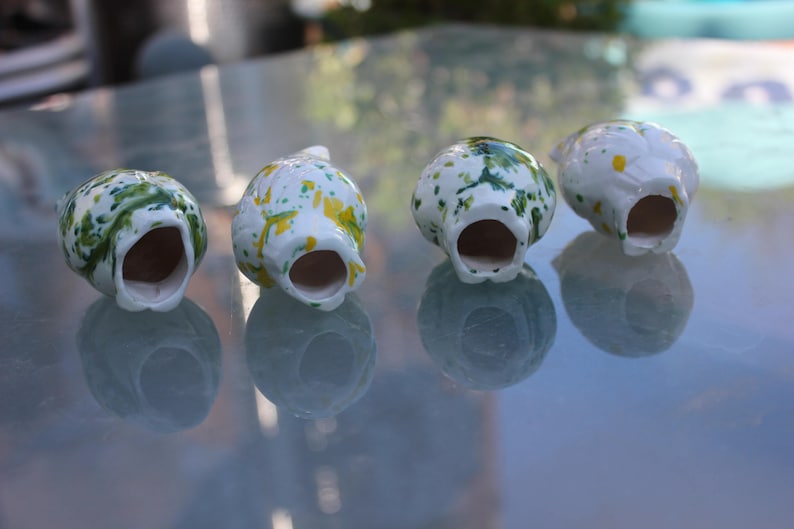 1970/'s Vintage Ceramic Macrame Owl Beads Excellent Condition 1960/'s Yellow Green White Splatter 2 12 inches Set of Four