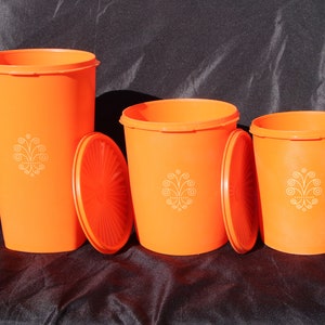 1970's Vintage - Tupperware - Bright Orange Servalier CANISTERS - 1222, 809, 807 - Good Condition