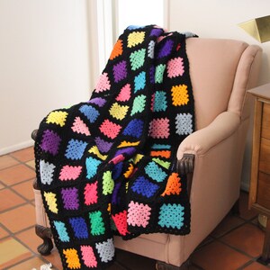 Vintage - Hand Crocheted - Granny Square - Blanket - 45 x 62&quot; - Black & a Rainbow of Colors - VERY Good Condition