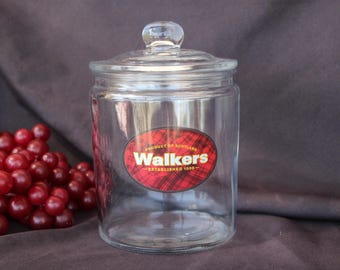 1970's Vintage - Walkers Shortbread - Glass Cookie / Candy Heavy Jar w/Lid ~ Scotland - 8.5"