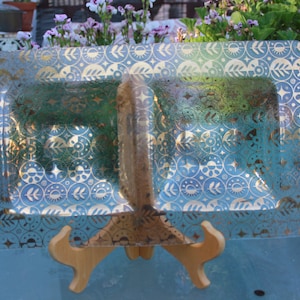 1960&#39;s Vintage Georges Briard FORBIDDEN FRUIT Double Oblong Glass Gold Icons Snack Dish Tray - Mid Century - Very Good Condition