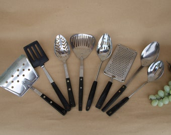 1960's - 1980's Vintage - Black Handle / Brass Rivets / Stainless Steel - Assorted Cooking Utensils - CHOICE - Good to Very Good Condition