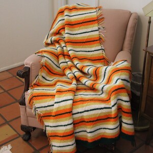 1970&#39;s Vintage  Handmade & Hand Knitted -Blanket or Throw with STRIPES of Dark Green  Gold and Orange  48 x 75 inches in Very Good Condition