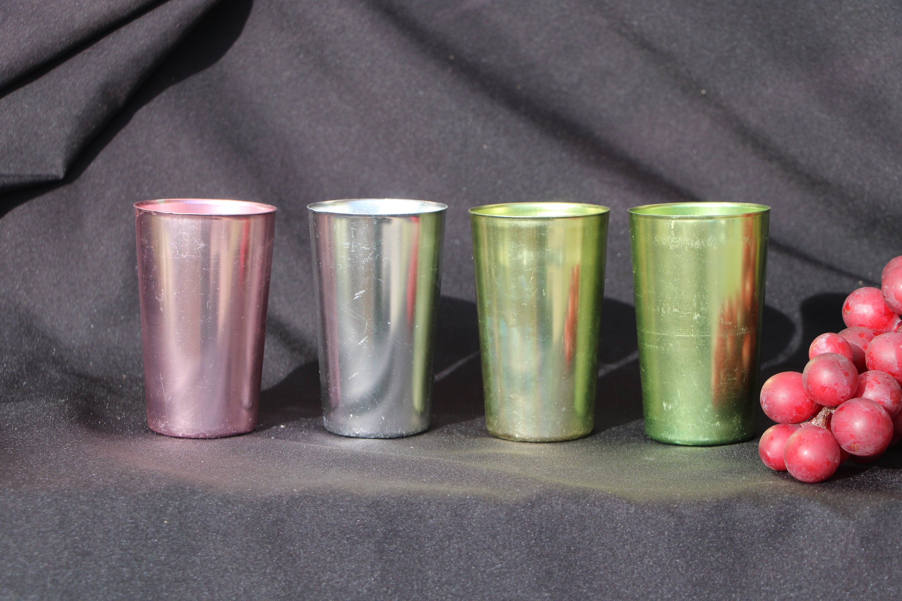 Atomic Anodized Aluminum Tumblers Set of 4 Bascal Pastel Aluminum Tumblers  Colorful Retro Vintage Barware AS IS 
