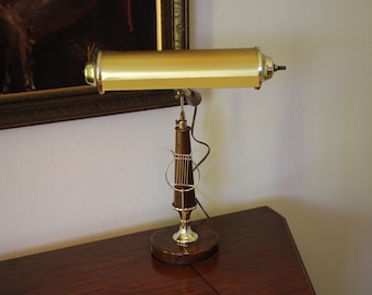 Mid Century Vintage - Lyre / Music - Walnut and Brass PIANO / DESK LAMP - up to 20" tall - Shade is 10 1/2" Adjustable