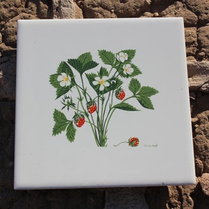 May include: White ceramic tile with a hand-painted illustration of a strawberry plant with white flowers and red berries. The tile has a white background and the illustration is in green, red, and white.