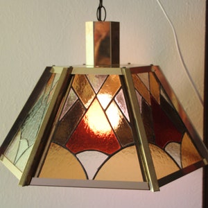 1960&#39;s - 1970&#39;s Vintage - Brown and Orange Stained / Leaded Glass, with Brass Trim,  Hanging Lamp - Works - 20&quot; w × 16&quot; h - Good to VG Cond