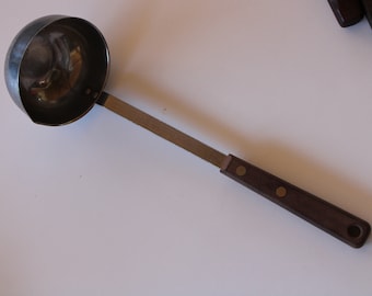 Vintage Stainless Steel Cooking Utensil: Wooden Handle, Brass Rivets