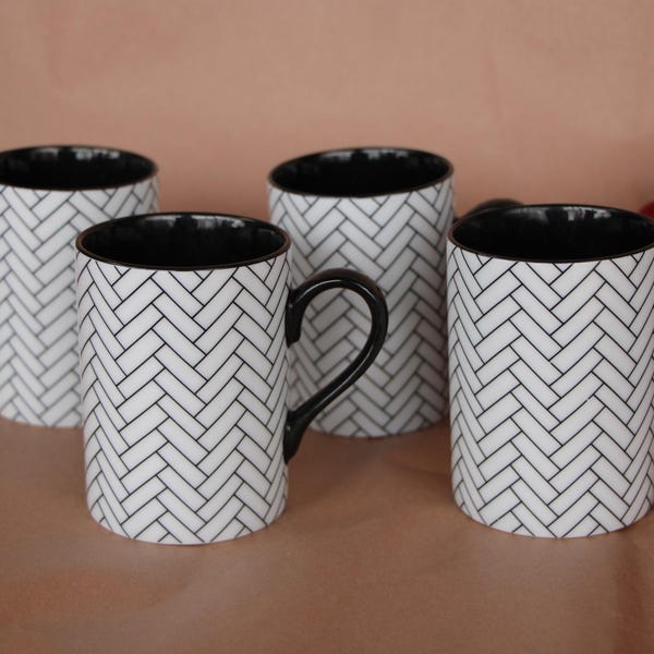 1980's Vintage Fitz and Floyd CARREAUX - White - Mugs - Set of 4, Geometric Design