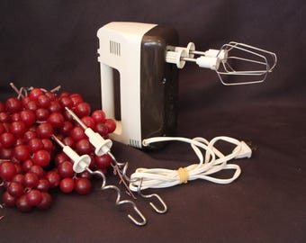 1970's Vintage - Moulinex - #394 - Brown and Almond (off white) Electric Hand Mixer w/ 2 sets of Beaters, made in France