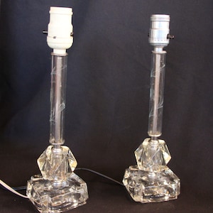 1940's Vintage - Crystal / Pressed Glass Boudoir Lamps - Matched Pair - WORKING - 13" tall - No Shades or Harps - Very Good Condition