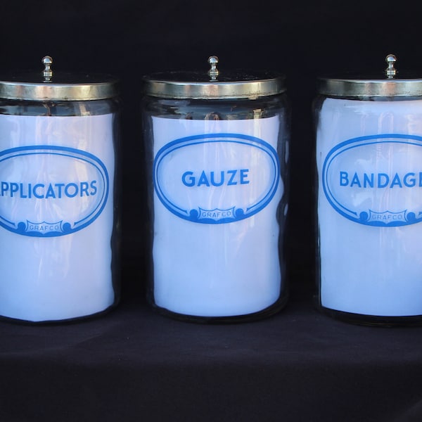 Vintage  GRAFCO  Apothecary or Medical Office or Glass Jars or Canisters  Lot of THREE ( 3 ) w Stainless Lids  7 1/8" Tall in Good to Vg Co