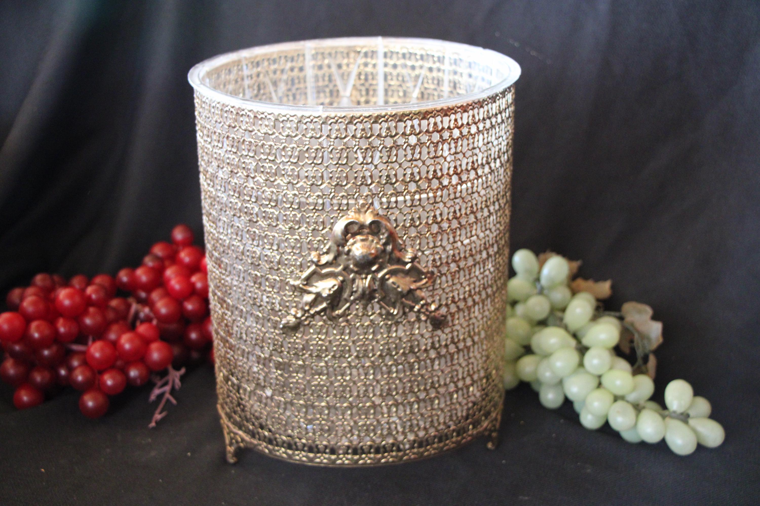 1950's - 1970's Vintage - Hollywood Regency Style - Gold Toned Metal Waste / Trash Basket w/ Plastic Liner 10.5 x 8" Fair to Good Condition