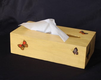 1970's Vintage - Wooden - Yellow with BUTTERFLIES - Tissue Box Cover - 10.5 x 5 5/8 x 3" - Good to Very Good Condition