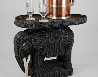 1960's 1970's Vintage - Black Wicker ELEPHANT End Table with Removable Oval Tray