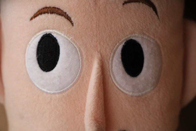Puede incluir: Primer plano de la cara de un juguete de peluche con cejas marrones y dos ojos grandes blancos con pupilas negras.
