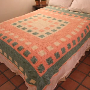 Vintage - Hand Crocheted - Granny Square - Large Blanket - 66 x 80&quot; - Peach, Seafoam / Mint Green & Ivory - VERY Good Condition