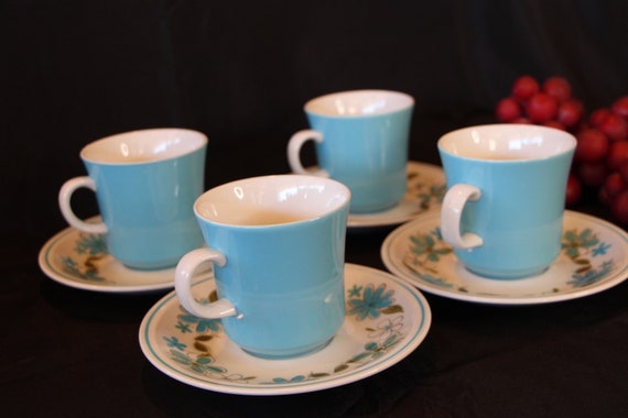 Vintage Mikasa Cera Stone GIGI Cups and Saucers - Blue Floral Set