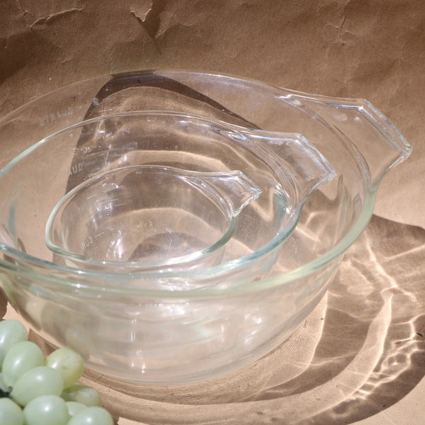 Mid Century Vintage Pyrex  Glass Measuring Bowls  Tear Drop Spout Handle 1 and 3, & 8 Cup Set 2 are Pyrex + 1 is JAJ in Good to VG Condition