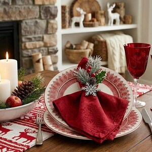 May include: A holiday table setting featuring a white bowl with three white pillar candles, pinecones, and red apples. A red patterned napkin sits on a white plate with red trim, accented by a snowflake napkin ring and greenery.