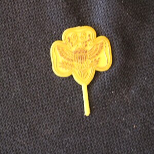 May include: A yellow plastic Girl Scout pin in the shape of a four-leaf clover with a stylized eagle design in the center.