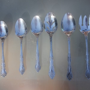 1970's Vintage Rogers Stainless Steel Flatware / Silverware - "Dream Rose" Set of 6 - 4 Serving Pieces, 2 Soup Spoon - Good Condition