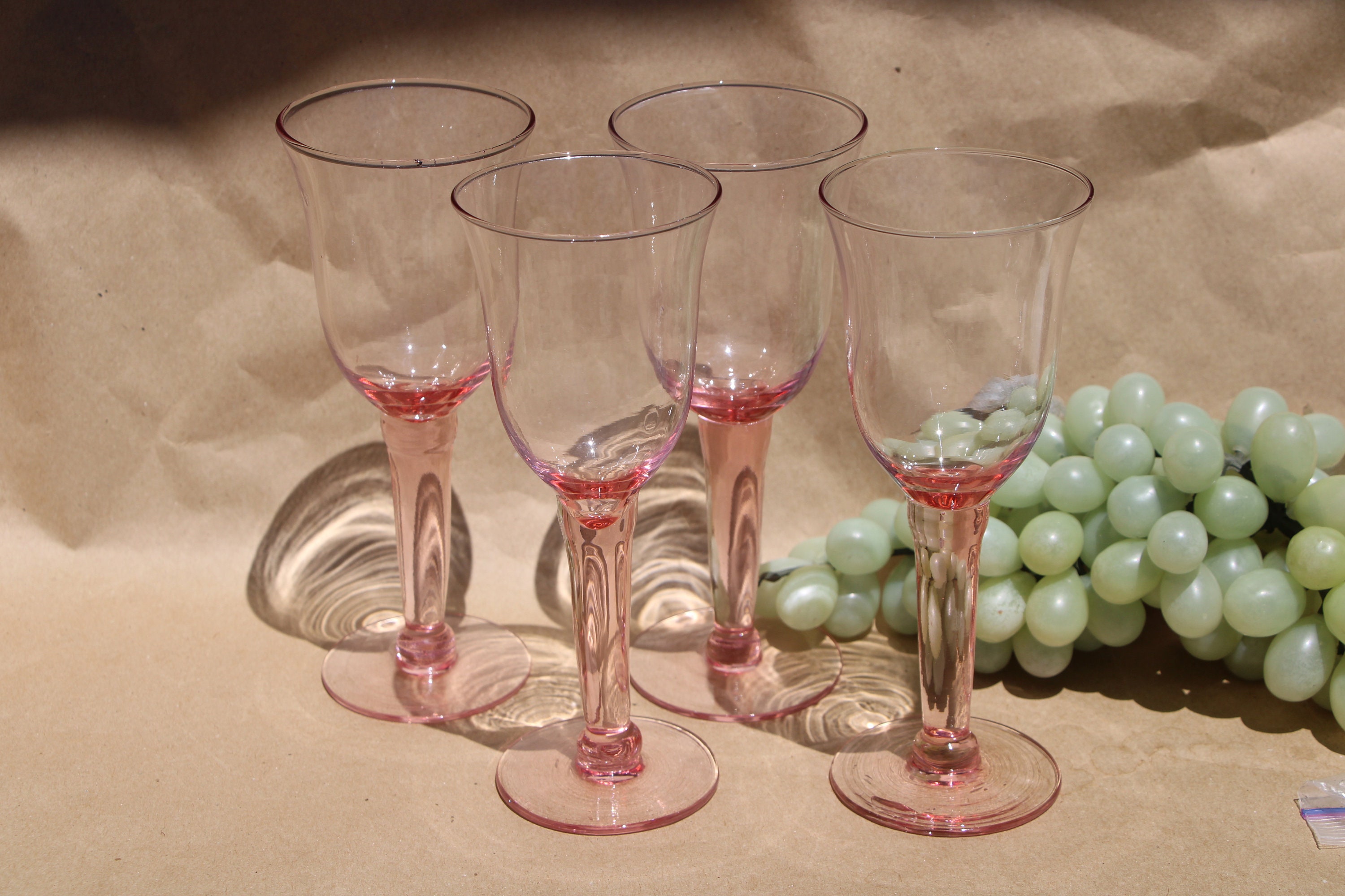 Set of 5 Vintage Hand Blown Pink Blush Wine Glasses Long Stem Goblets 8 3/8”
