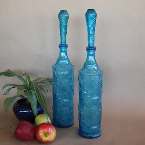 1960&#39;s - Vintage - Italian Rossini? Empoli TALL Glass Decanters - BLUE - Set of TWO - 20.5 inches - Very Good Condition
