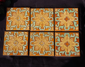 Handmade - Ceramic / Embossed Wall Tiles - 6 x 6" - Lot of 6 - Good to Very Good Condition