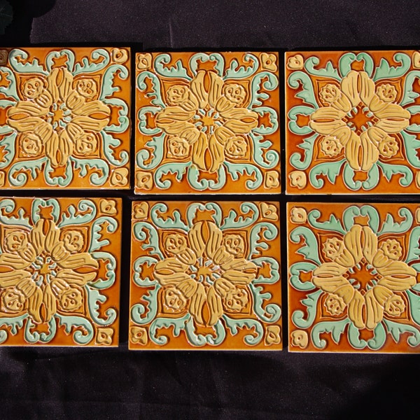 Handmade - Ceramic / Embossed Wall Tiles - 6 x 6" - Lot of 6 - Good to Very Good Condition